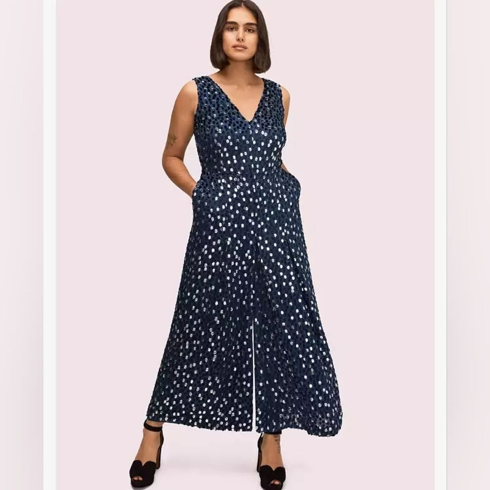 KATE SPADE NY‎ Women's 4 Navy/Silver Scatter Dot Silk Velvet Burnout Jumpsuit